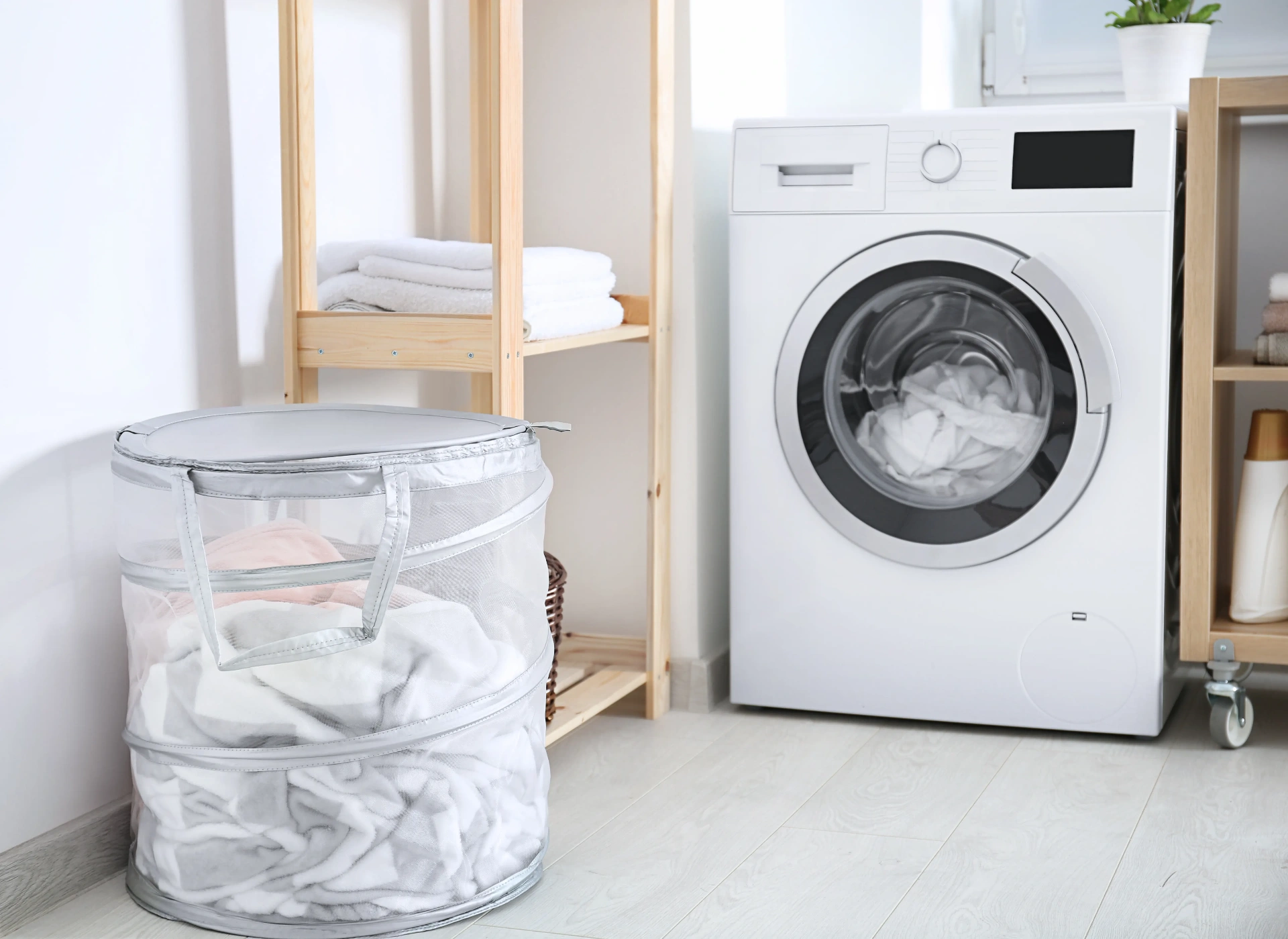 Non-toxic laundry detergents lined up on a shelf